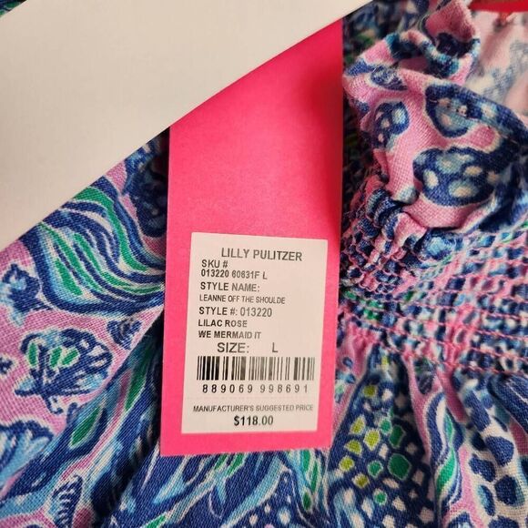 Lilly Pulitzer Linen Top Womens Large Leanne Off the Shoulder Lilac Rose We Merm - Picture 7 of 7